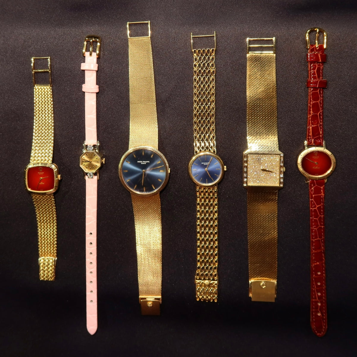 Explore vintage wristwatches: six slim watches with varied dial shapes and bracelet designs.